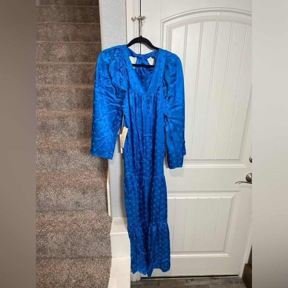 HAPPY NATURE DAYDREAM blue satin maxi dress tiered ruffle polka dot wide sleeve - Picture 5 of 12
